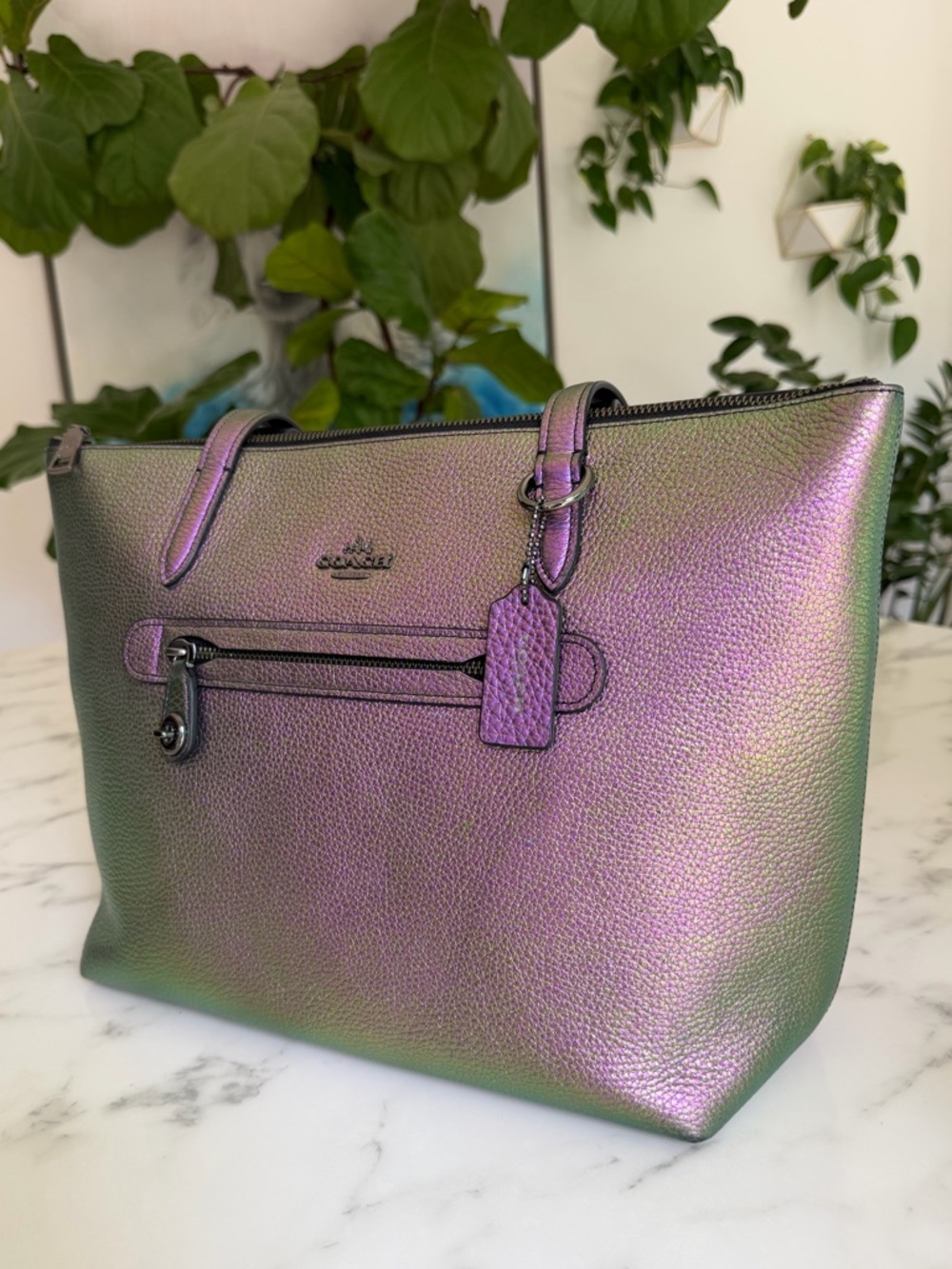 Coach Taylor Tote In Hologram Oil Slick Leather Purple Green Top Zip Large 57329 - Picture 4 of 16